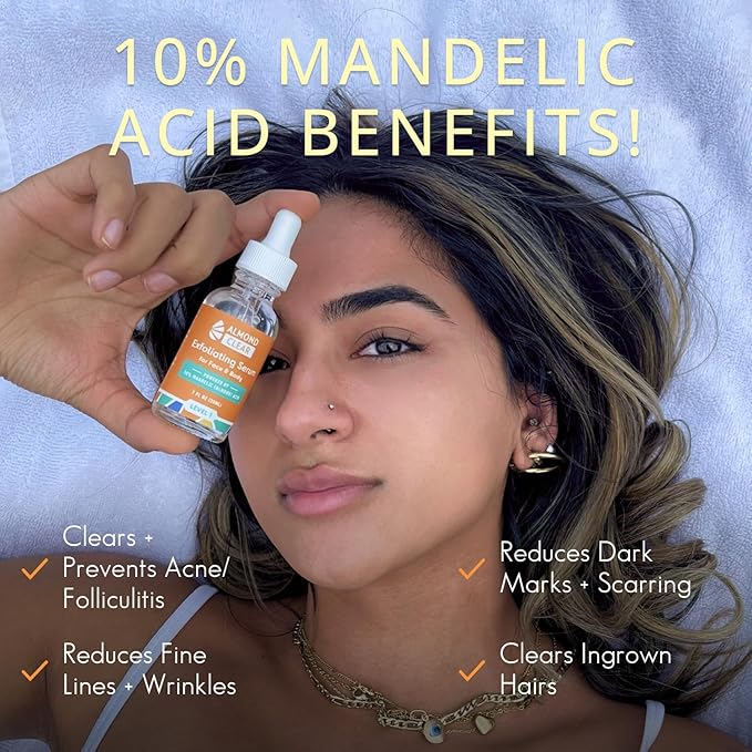 Almond Clear Level 1 Serum | Mandelic Acid Facial Serum for Acne, Folliculitis, Aging Skin, Ingrown Hairs, Dark Spots on Face, Chest, Butt, Back, Thighs, Arms | 4oz
