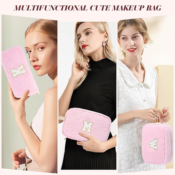 2PCS Makeup Bag with Initials, Christmas Day Gifts for Teen Girls Trendy Stuff, Personalized Cosmetic Travel Bag Pouch for Granddaughter, Cute Plush Make up Bags for Birthday - Pink C