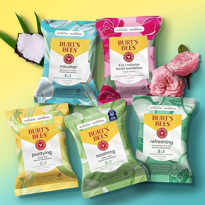 Burt's Bees Stocking Stuffers, Cucumber & Mint Face Wipes, for All Skin Types, Refreshing Makeup Remover & Facial Cleansing Towelettes, Skin Care Christmas Gifts, 30 Ct. (3-Pack)