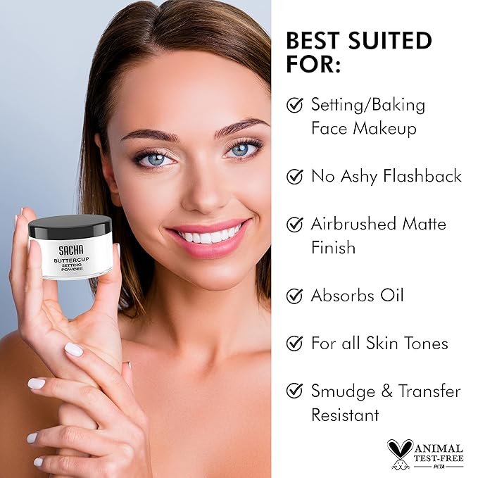 Sacha BUTTERCUP No Color Setting Powder. No Ashy Flashback. Blurs Fine Lines and Pores. Loose, Translucent Face Powder to Set Makeup Foundation or Concealer. For All Skin Tones, 1.75 oz.