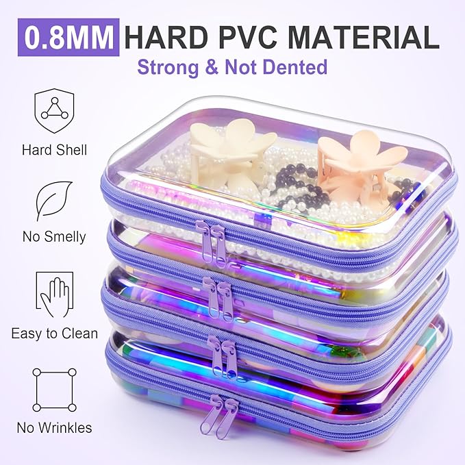 Hoolerry 4 Pcs Hard Clear Zipper Case Makeup Bags Plastic Pencil Pouch Transparent Storage Box Containers for Cosmetics, Snacks, Building Blocks, Puzzles(Purple Laser,9.8 x 7.9 x 2 in)