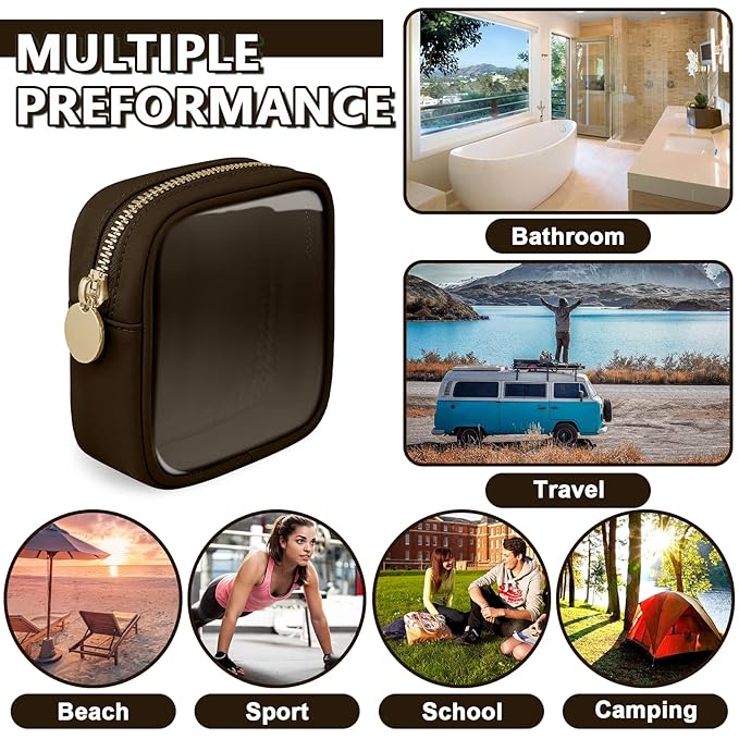 Clear Mini Makeup Bag for Purse, Small Nylon&PVC Cosmetic Travel Bag TSA Approved Toiletry Bag with Zipper, Preppy Transparent Makeup Travel Bag Coin Purse for Women Men Girls(Mini-Chocolate)