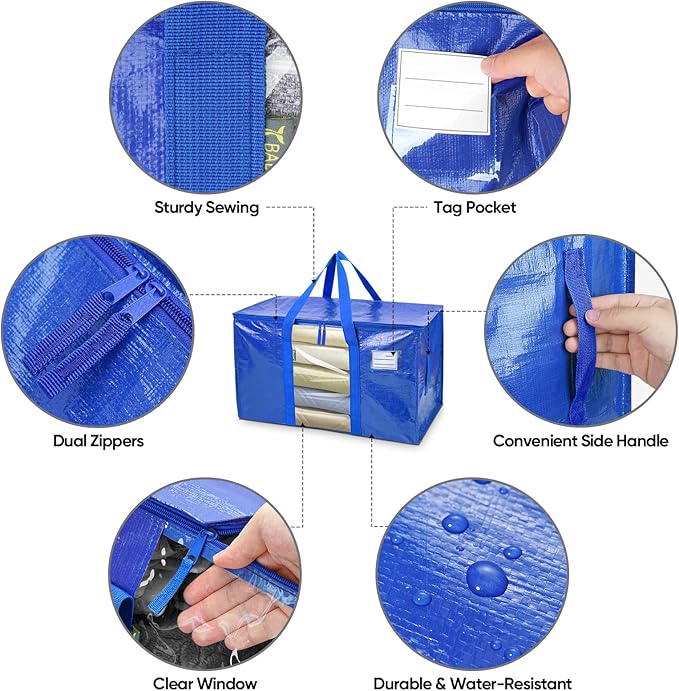 BALEINE 2-Pack Oversized Moving Bags with Reinforced Handles, Heavy-Duty Storage Tote Moving Supplies for Packaging, Camping (Blue w/Window, 2-Pack)