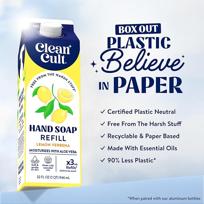 Cleancult Liquid Hand Soap Refill - Lemon Verbena - Moisturizes Dry & Sensitive Skin - Made with Aloe Vera & Essential Oils - Eco Friendly - Paper-Based Packaging - 32 oz/1 Pack