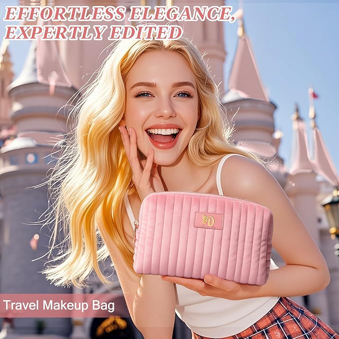 Monogrammed Make Up Bags for Women,Personalized Cosmetic Bags Women,Small Quilted Makeup Pouch,Cute Makeup Bag Travel,Birthday Gifts for Teen Girl (Pink D)