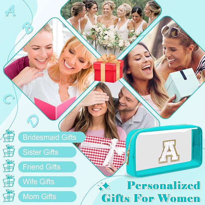 Personalized Initial Letter Clear Makeup Bag,Preppy Small Nylon&PVC Cosmetic Zipper Bag with Chenille Letter,Portable Beach Travel Skincare Toiletry Bag,Trendy Monogram Gift for Teen Girls Women,A