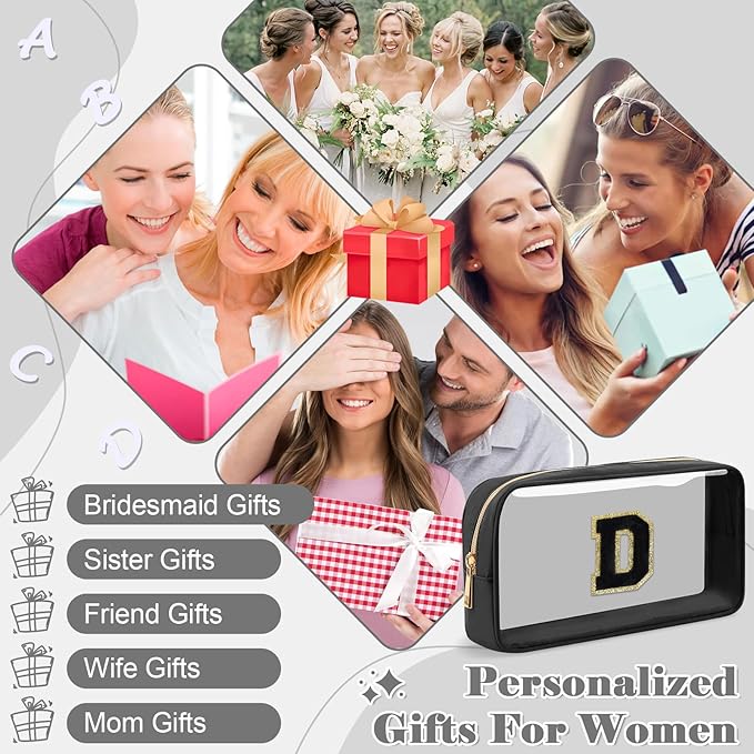 Personalized Initial Letter Clear Makeup Bag,Preppy Small Nylon&PVC Cosmetic Zipper Bag with Chenille Letter,Travel Skincare Toiletry Bag,Monogram Christmas Gift for Teen Girls Women,D