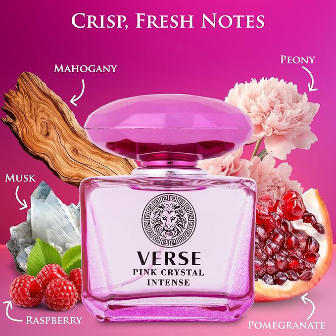 Verse Pink Crystal Intense for Women 3.4 fl Oz - Fruity & Floral Scents of Raspberry, Peony, Magnolia & Lotus Flowers - Base Notes of Amber, Vibrant Musk & Deep Mahogany Wood - Elegant 100ml Bottle