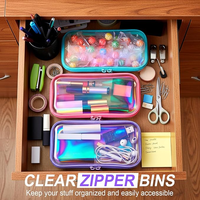 Hoolerry 3 Pcs Clear Hard Zipper Case Plastic Pouch Transparent Hard Case Clear Makeup Bag Portable Travel Organizer Bin for Cosmetics, Building Blocks, Puzzles(Laser,S)