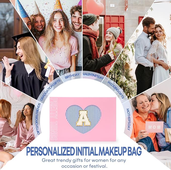 2 PCS Initial Makeup Bags for Women: Cosmetic Bag for Travel Toiletry - Birthday Gifts for 11 12 13 14 15 16 17 18 Years Old Girl Graduation Teacher Gift- Teen Girl Gifts Trendy Stuff - Blue C