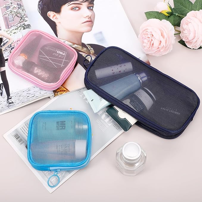 4 Pieces Mini Zipper Nylon Mesh Pouch, Mesh Cosmetic Bags Makeup Bags, Multipurpose Travel Toiletry Bags for Office Supplies and Travel Accessories (Blue, S)