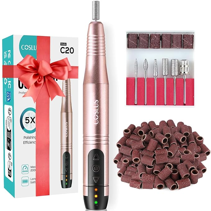 COSLUS Cordless Nail Drill Electric File: Professional for Acrylic Gel Dip Powder Nails Portable Nail Drill Machine Kit for Manicure Pedicure Nail Set with Everything Rechargeable Lightweight