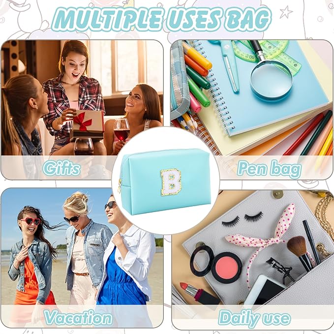 Gifts for Girls Initial Makeup Bag Personalized Cosmetic Bag with Zipper Cute Travel Toiletry Bag Waterproof PU Preppy Makeup Pouch Birthday Gift for Teen Girls Women(Blue B)