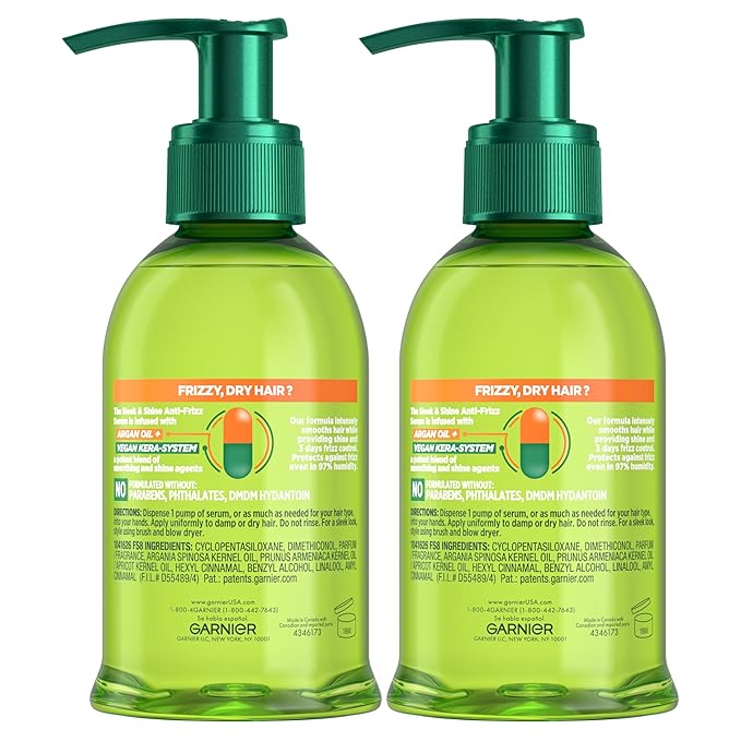 Garnier Fructis Sleek & Shine Anti-Frizz Serum for Frizzy, Dry Hair, Argan Oil, 5.1 Fl Oz, 2 Count (Packaging May Vary)