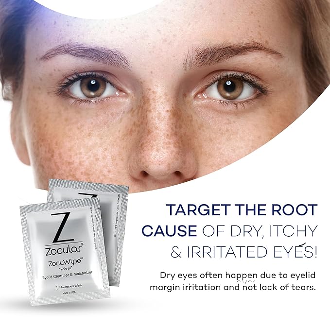 Zocuwipe Eyelid Wipes with Natural Okra Complex - Eyelid Cleanser and Moisturizer Pads for Irritated, Red Eyes from Dry Eye, Blepharitis 30ct