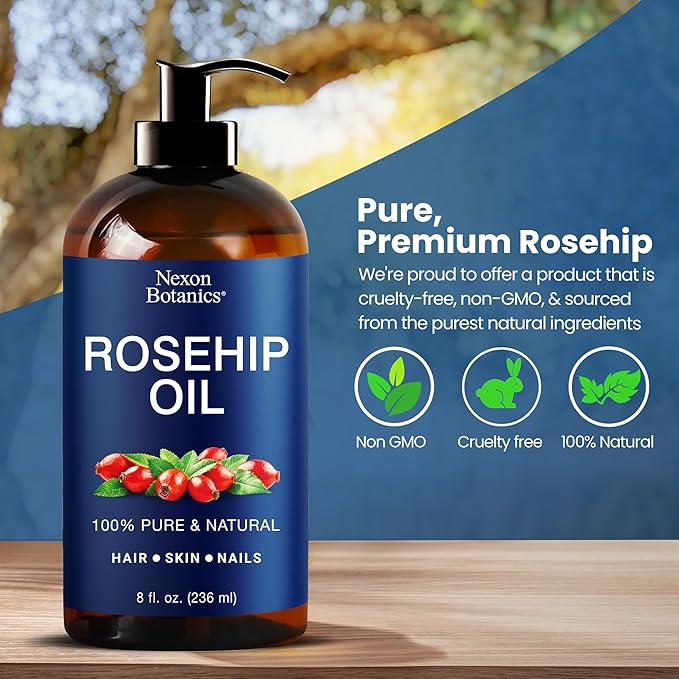 Rosehip Oil for Face 8 fl oz - Rosehip Seed Oil for Gua Sha, Massage, and Skin Care - Aceite de Rosa Mosqueta - Nexon Botanics