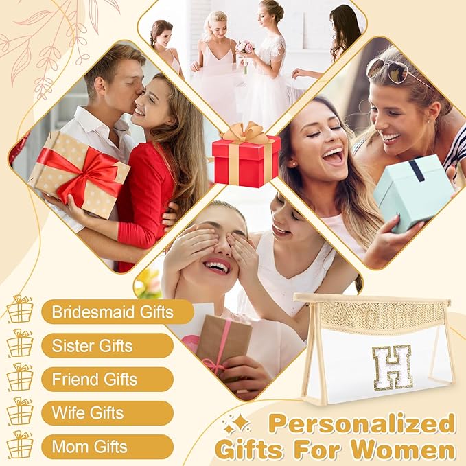 Personalized Initial Letter Bag Boho Straw Clear Makeup Bag,Small Cute Chenille Varsity Letter Pouch With Zipper,Beach Travel Toiletry,Portable Monogrammed Cosmetic Bag for Women Girls,H