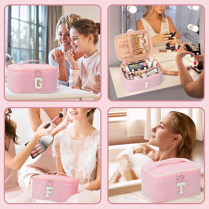 OCHEAL Makeup Bag for Women, Monogram Cosmetic Bag with Brush Holder, Pink Travel Makeup Case Beauty Toiletry Bag Organizer Personalized Gifts for Girls Bridesmaid, Sister, Wife, Friends Initial P