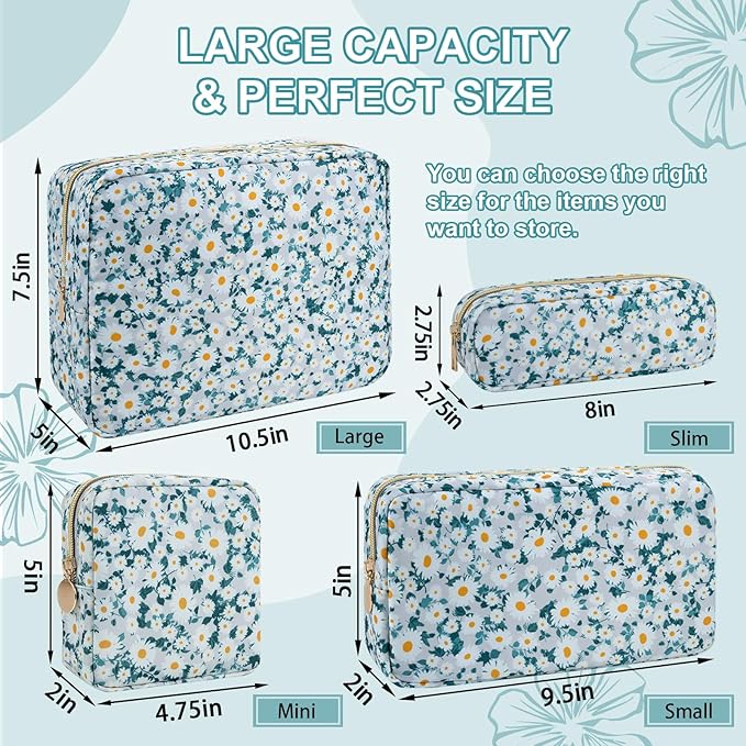 Waterproof Mini Floral Makeup Bag Pouch for Purse,Nylon Flower Cosmetic Travel Bag Small Preppy Toiletry Organizers Bag for Women Girl,Cute Zipper Pouch Coin Purse for Work(Mini Green-Daisy)