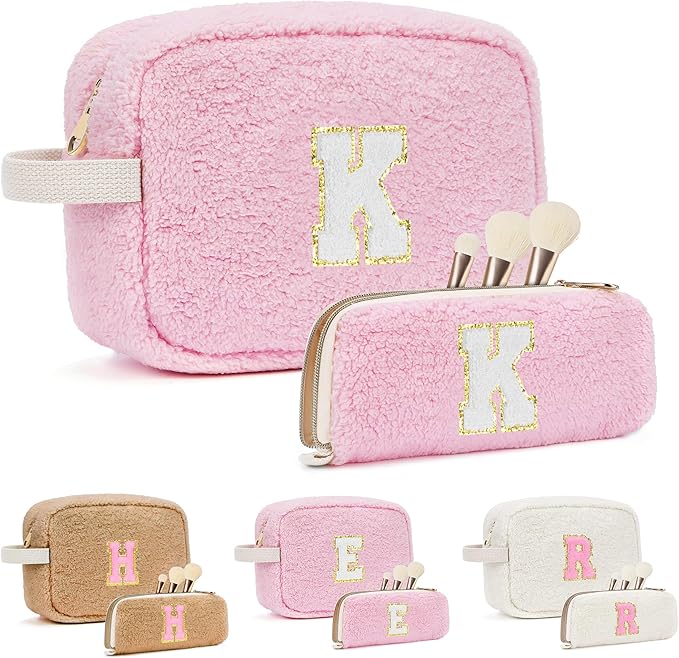 2PCS Makeup Bag with Initials, Christmas Day Gifts for Teen Girls Trendy Stuff, Personalized Cosmetic Travel Bag Pouch for Granddaughter, Cute Plush Make up Bags for Birthday - Pink K