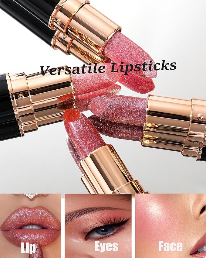 Nude Pink Metallic Glitter Lipstick Long Lasting, Diamond Shimmer Lip Gloss High Pigmented Lip Red Color Matte Lip Stick for Women, Sparkling Shiny Transfer Proof Non Stick Tinted Lip Balm Makeup-01