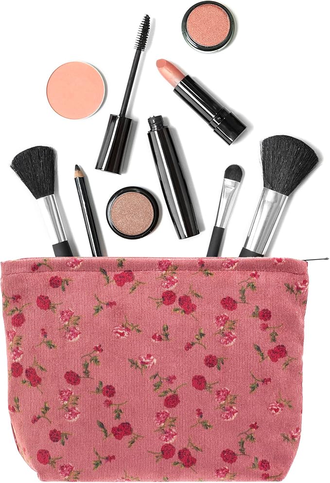 PAZIMIIK Makeup Bag Large Zipper Corduroy Make Up Pouch for Purse Travel Canvas Cosmetic Organizer for Women Brush Storage,Vintage Rose Red