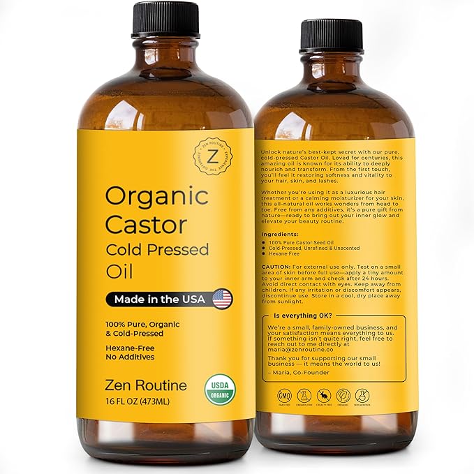 Zen Routine Organic Castor Oil (16oz Glass Bottle) Hexane Free – Hair Growth Oil, Eye Lashes & Stomach, 100% Cold Pressed Unrefined Pure for Castor Pack Wrap – USDA Certified, Made in the USA