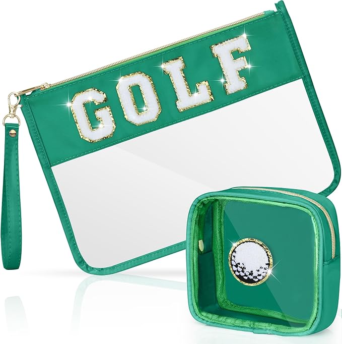 2 Pcs Golf Gifts Cosmetic Makeup Bag with Chenille Letter Patch, Clear Pouch PVC Organizer Purse, Waterproof Travel Bag, Portable Toiletry Storage Bag for Her Girls Friends Women
