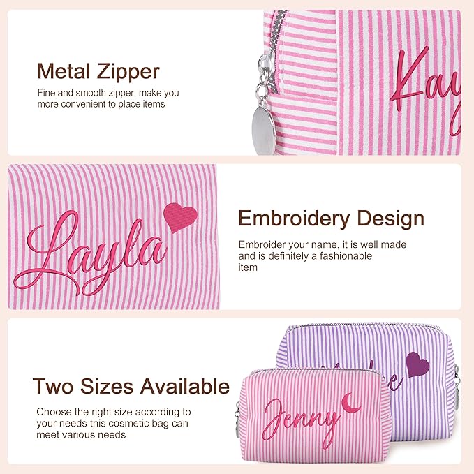 Yofair Personalized Makeup Bag with Heart, Large Capacity Travel Toiletry Case Teen Girl Gift Trendy Stufff Custom Seersucker Cosmetic Bags Wedding Birthday Gifts for Girls Women