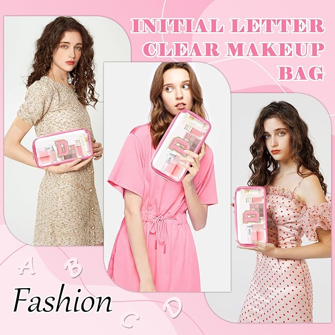 Personalized Initial Letter Clear Makeup Bag,Preppy Small Nylon&PVC Cosmetic Zipper Bag with Chenille Letter,Portable Beach Travel Skincare Toiletry Bag,Trendy Monogram Gift for Teen Girls Women,D
