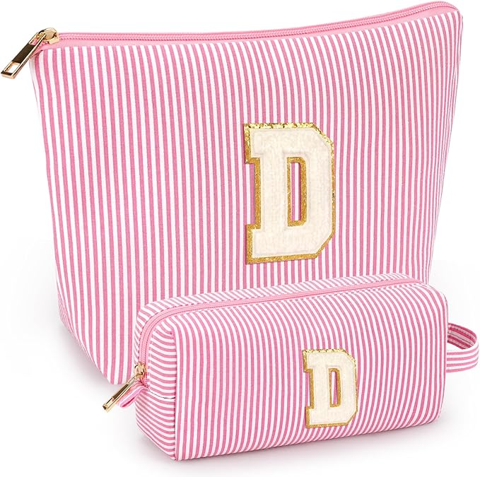 2 PCS Initial Makeup Bags for Women: Cosmetic Bag for Travel Toiletry - Birthday Gifts for 11 12 13 14 15 16 17 18 Years Old Girl Graduation Teacher Gift- Teen Girl Gifts Trendy Stuff - Pink D