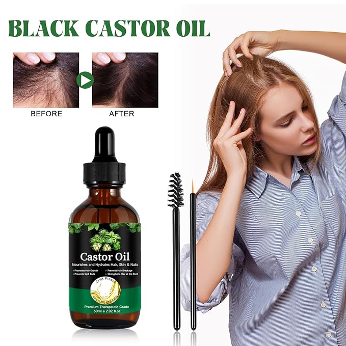 Jamaican Black Castor Oil - 100% Pure Organic Cold Pressed for Hair Growth, Eyelash/Eyebrow Serum, Scalp and Nail Care, Glass Bottle (2.02 Fl Oz) (small, castor)