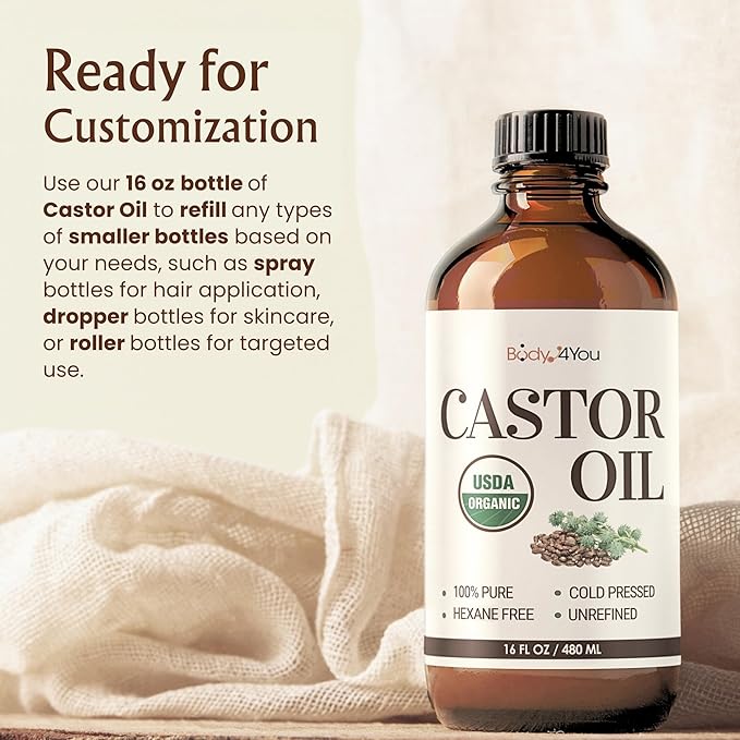 BodyJ4You Castor Oil for Eyelashes Eyebrows - 100% Pure Natural USDA Organic Cold Pressed - Hydrating Skin Hair Growth Oil Lashes Scalp - Non-GMO Hexane Free Unrefined Carrier - Glass Bottle 16 Fl Oz