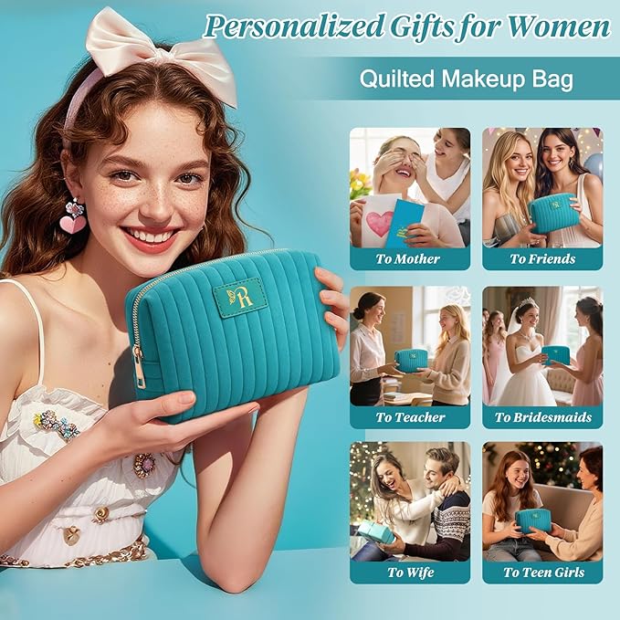 Monogrammed Make Up Bags for Women,Personalized Cosmetic Bags Women,Small Quilted Makeup Pouch,Cute Makeup Bag Travel,Birthday Gifts for Teen Girl (Blue R)