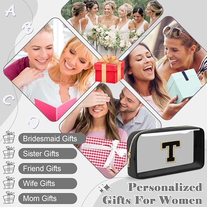 Personalized Initial Letter Clear Makeup Bag,Preppy Small Nylon&PVC Cosmetic Zipper Bag with Chenille Letter,Travel Skincare Toiletry Bag,Monogram Christmas Gift for Teen Girls Women,T
