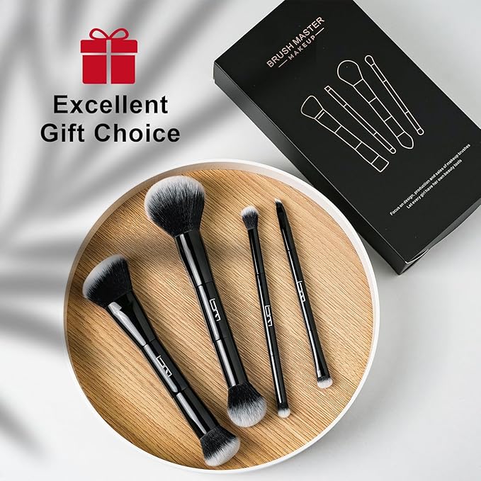 4Pcs Duo End Makeup Brushes, Foundation, Powder, Contour, Concealer, eye makeup Brush, Double-ended Multi-functional Synthetic Cosmetic Tools Makeup Brushes(Black)