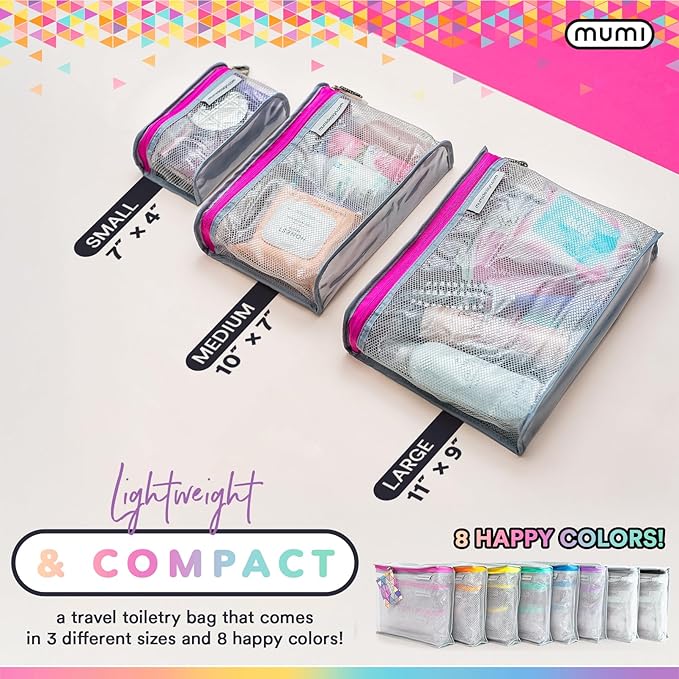 MUMI Travel Toiletry Bag Set of 3 – Clear TSA Approved Toiletry Bags for Women – Reusable Water-Resistant Makeup Organizer Pouches for Skincare, Cosmetics, Travel Accessories, Airport Packing - Gray