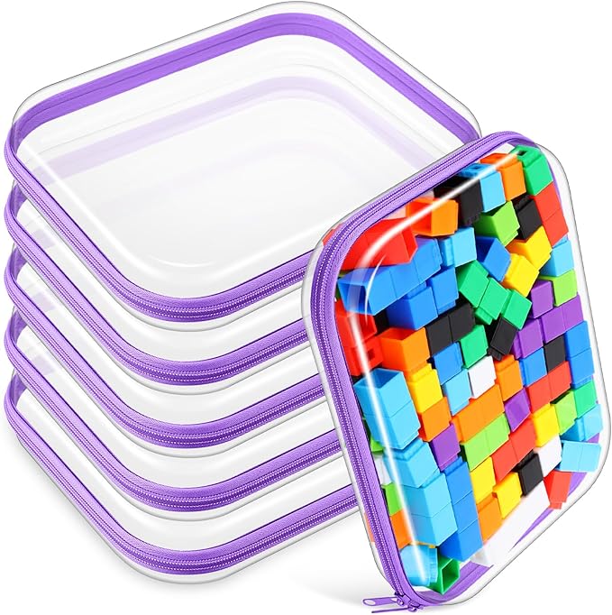 Sanwuta 6 Pcs Clear Hard Zipper Case Pencil Pouches Hard Plastic Zipper Pouches Makeup Bag Transparent Cases for Snacks Plastic Storage Organizer Box for Travel(Purple,9.84 x 7.87 x 2 Inch)