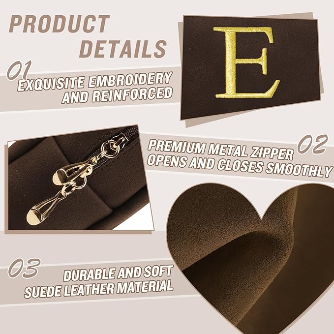 Personalized Initial Makeup Bag,Preppy Suede Cosmetic Bag for Teen Girls,Small Monogram Travel Toiletry Bag With Gold Embroidered Letter,Trendy Stuff Custom Christmas Gift for Women(Coffee-E)