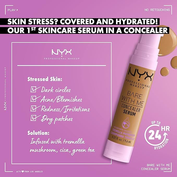 NYX PROFESSIONAL MAKEUP Bare With Me Concealer Serum, Up To 24Hr Hydration - Medium Vanilla
