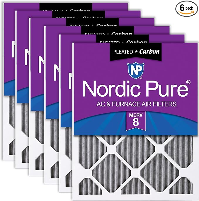 Nordic Pure 25x25x1 Furnace Air Filters MERV 8 Pleated Plus Carbon 6 Pack by NordicPure
