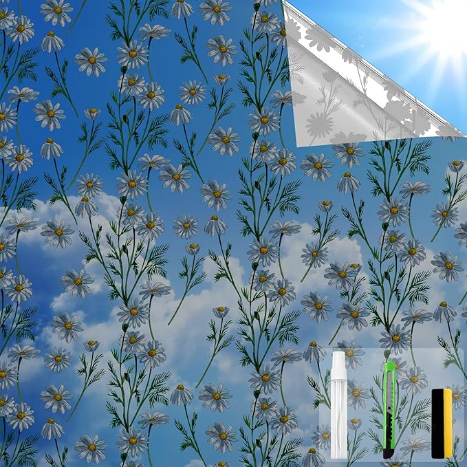 One Way Privacy Film, Window Tint for Home,Daytime Reflective, Anti UV Static Cling Sliding Door Coverings No Glue Garage Solar Paper (Black - Silver-Daisy, 35.4 x 157.4 in)