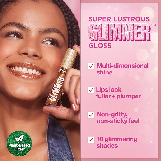 REVLON Super Lustrous Glimmer Gloss, Non-Sticky Lip Gloss, High-Shine Finish, Plant-Based Glitter, 007 Haute Honey, 0.13 fl oz