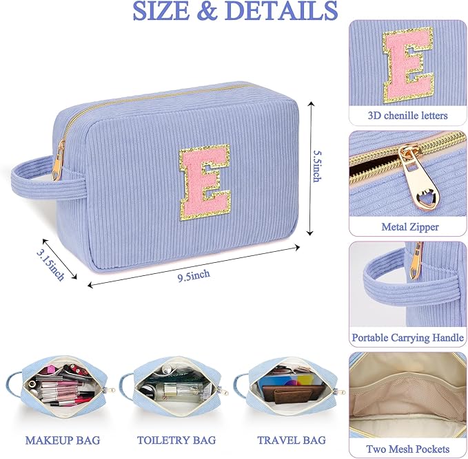 Personalized Initial Makeup Bag Trendy Stuff Corduroy Cosmetic Bag Travel Toiletry Bag, Christmas/Thanksgiving/Halloween Gifts Makeup Organizer Case for Women Girls Mom Girlfriend Wife - Blue