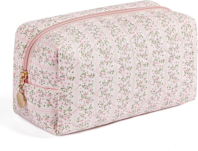 Makeup Bag Travel Cosmetic Bag for Women Girls, Zipper Make Up Pouch, Floral Flowers Toiletry Organizer Makeup, Portable Storage Cosmetic Travel Cloth Bag (Pink)