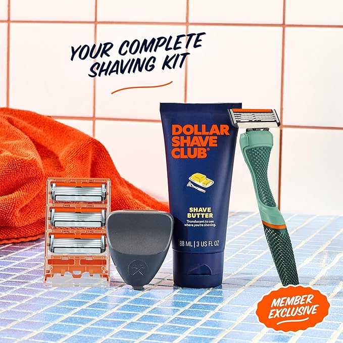 Dollar Shave Club | The Member Exclusive Shave Set | 4 Swift Rinse Refill Cartridges, 1 Handle (Green), 1 Shave Butter 3 ounce, 1 Razor Cover, Razors for Men