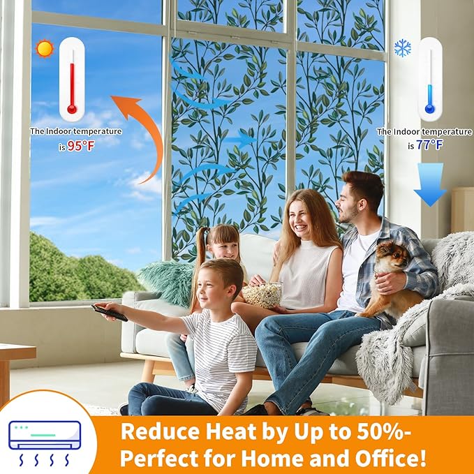 One Way Privacy Film, Window Tint for Home,Daytime Reflective, Anti UV Static Cling Sliding Door Coverings No Glue Garage Solar Paper (Silver-Leaves, 23.6 x 157.4 in)