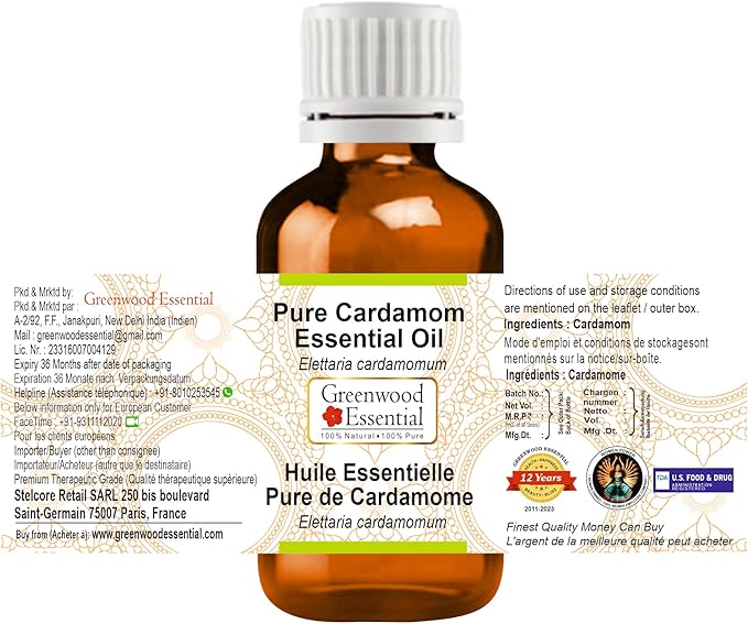 Greenwood Essential Cardamom Essential Oil (Elettaria cardamomum) Pure | Non-Sticky | Non-Greasy | Lightweight | Men & Women | All Skin Types | Steam Distilled 15ml (0.50 oz)