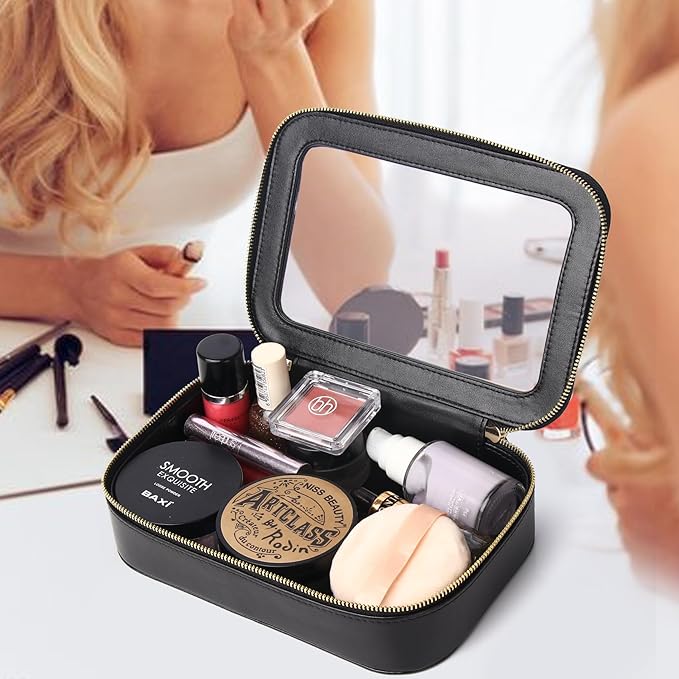 Pinkmik Clear Makeup Bag Transparent Travel Case for Cosmetics and Toiletries Women's Clear Car Bag with Zipper (Black, Small)