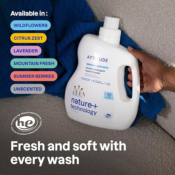 ATTITUDE Liquid Laundry Detergent, EWG Verified, HE Compatible, Plant-Based & Vegan, Natural Laundry Soap, Mountain Fresh Scent, 40 Loads, 67.6 Fl Oz